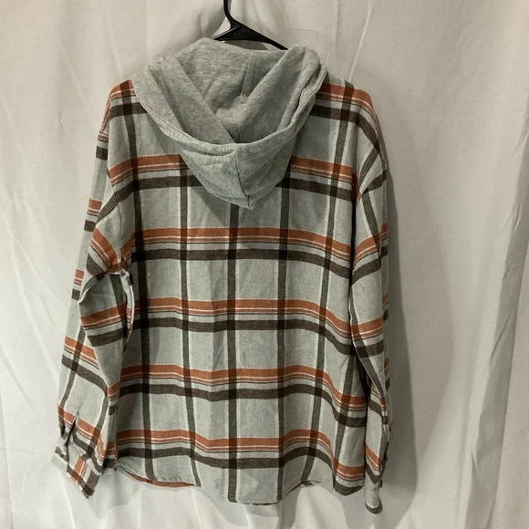 Staccato Womens Fall Plaid Hooded Shacket Size Large Gray Orange Black NWOT - Picture 6 of 13